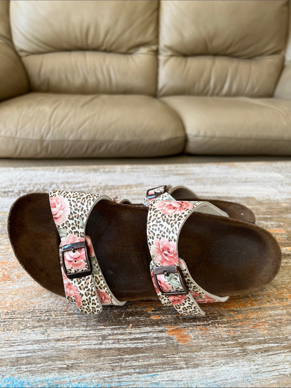 Birki's Arizona Cheetah Rose Design Cork Bed Sandal Slides Size 37